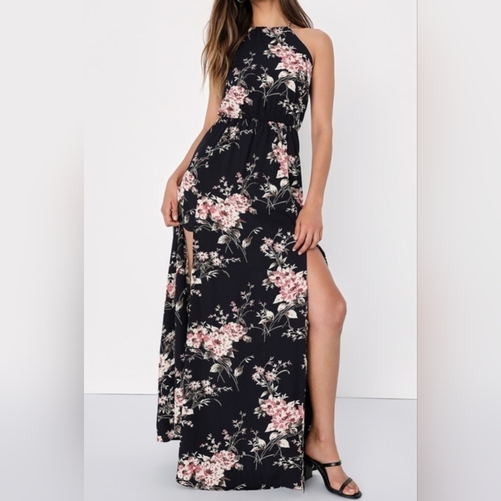 LULUS FEEL THE MUSIC MIDNIGHT HALTER DRESS